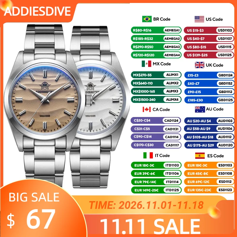 ADDIESDIVE Hot Sale AD2030 Quartz Watch Simple 10Bar Steel Dive Wristwatch Bubble Mirror Pot Cover Glass Sports 36mm Men Watches