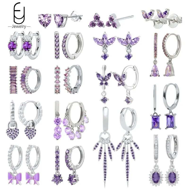 

925 Sterling Silver Needle Purple Crystal Heart Stud Earrings for Women Fashion Purple Pendant Silver Earrings Luxury Jewelry
