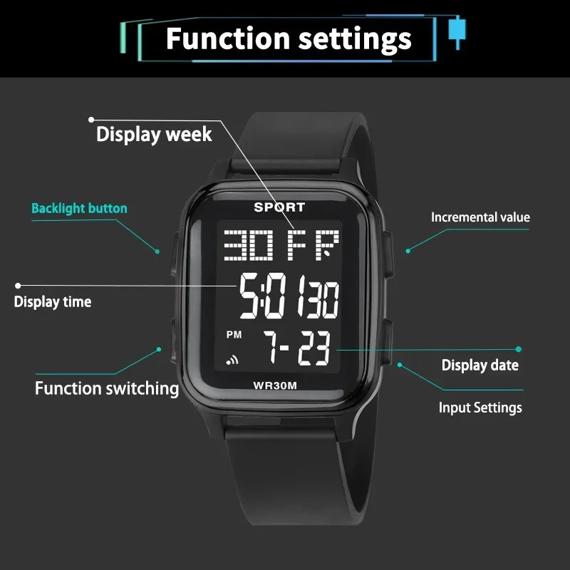 Outdoor Sports Multi-function Electric Watch Student Men\'s Silicone Strap Digital Wristwatch LED Calendar Luminous Alarm Clock