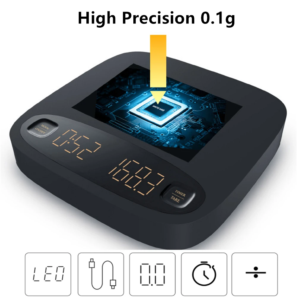 Coffee Scale with Timer 2KG/0.1g Precision Electronic Drip Coffee Scale USB Recharge Digital Kitchen Scale Waterproof Food Scale