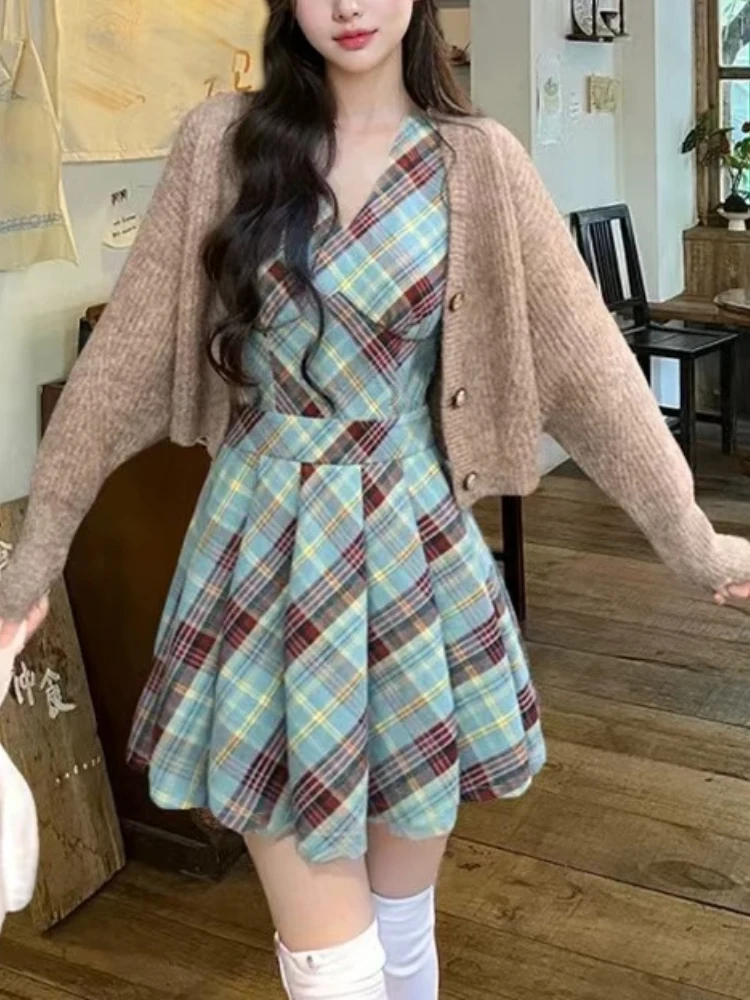 Winter Korean College Style Sweet 2 Piece Set Soft Knit Cardigan + Retro Plaid Dress New Fashion Vintage Party Dress Outfit 2024