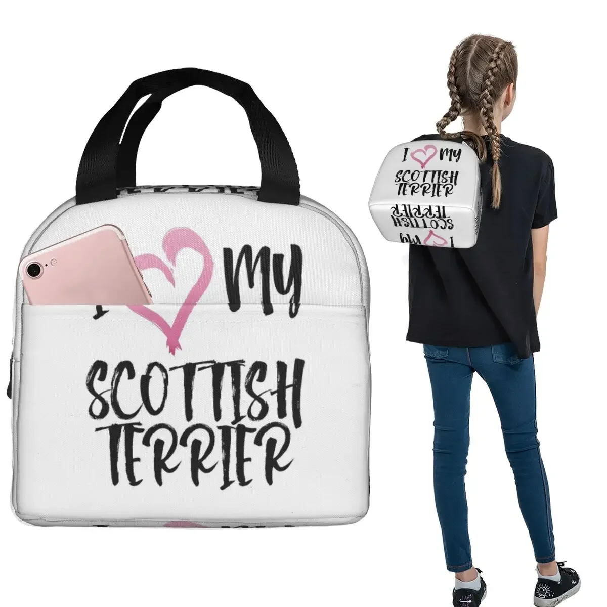 

Сумка для обеда с изображением собаки Скотти Дог и сердечек, изолированная сумка для обеда для женщин и детей, портативные коробки для еды, термосумка для обеда