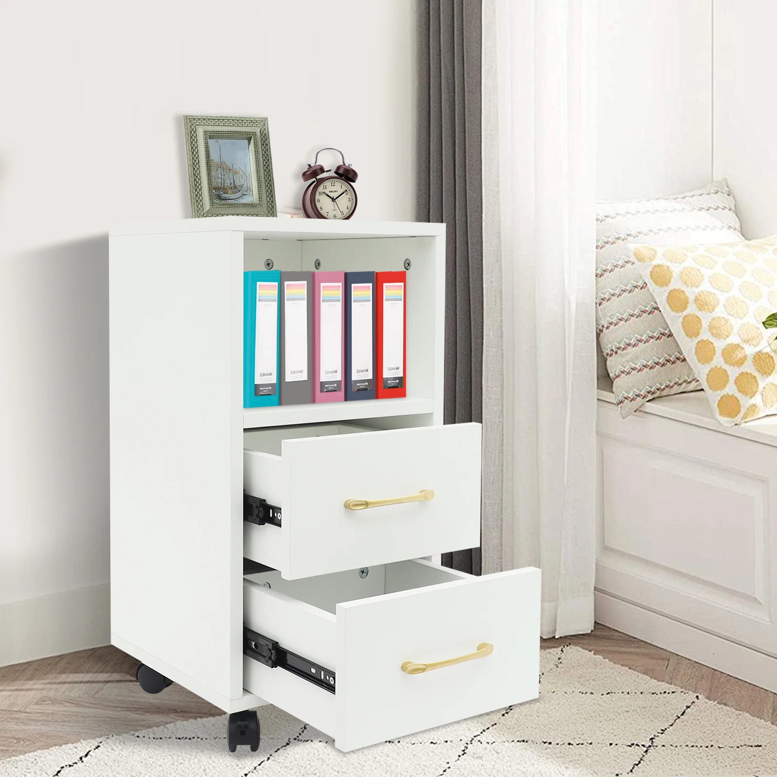 4 Braked Wheels Side Table with 2 Drawers Movable Storage Cabinet Modern Minimalist Design Particleboard Dust Proof for Living Room Bedroom Office Study