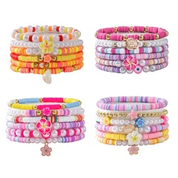 4 Styles Bohemian Polymer Clay Beaded Chain Bracelets Set for Women New Fashion Jewelry Flower Star Tortoise Pearl Bangle