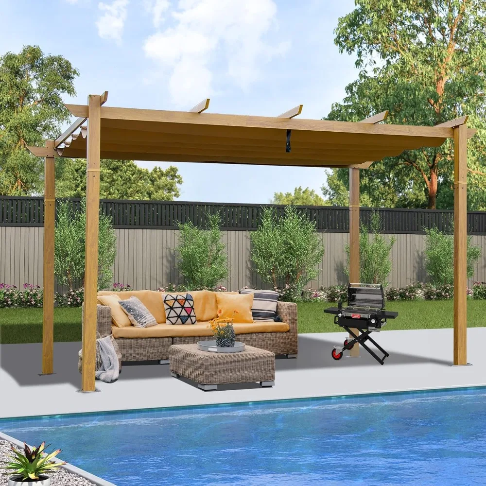 10' x 13' Outdoor Retractable Pergola, Gazebo Modern Grape Trellis Pergola with Sun Shade Canopy