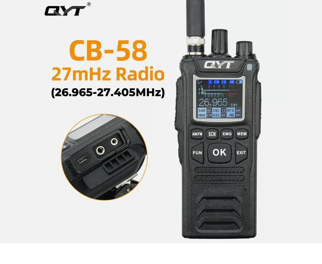 QYT CB-58 워키토키, 27MHz AM/FM CB 햄 라디오 트랜시버, 핸드헬드 4W 4100mAh