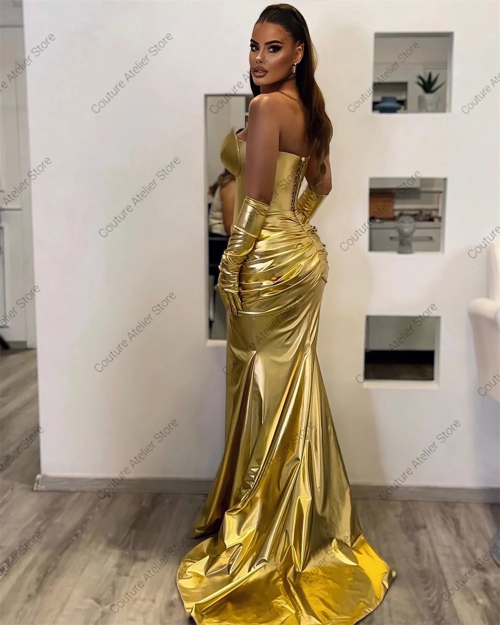 Mental Golden Sweetheart High Split Prom Dress For Blackgirls With Glove Birthday Dress Luxury 2024 Mermaid Dresses Customized