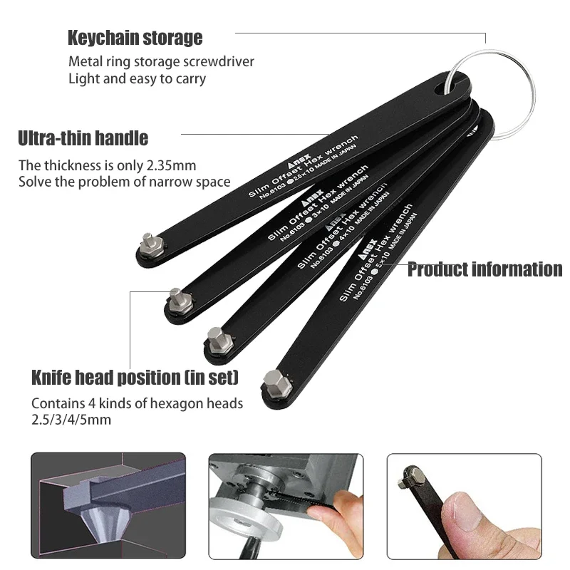 ANEX Slim Offset Hex Wrench Set 1/4PCS 10mm for Tight Area Hex Screwdrivers Made in Japan No.6103 Series view 2