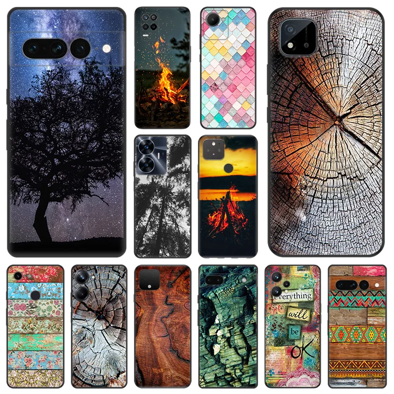 Matte Phone Case for Pixel 8 8a 7 7a 6 6a Moto Edge 20 30 40 Pro OneFusion G200 Colorful Wood Crack Textures Soft Black Cover