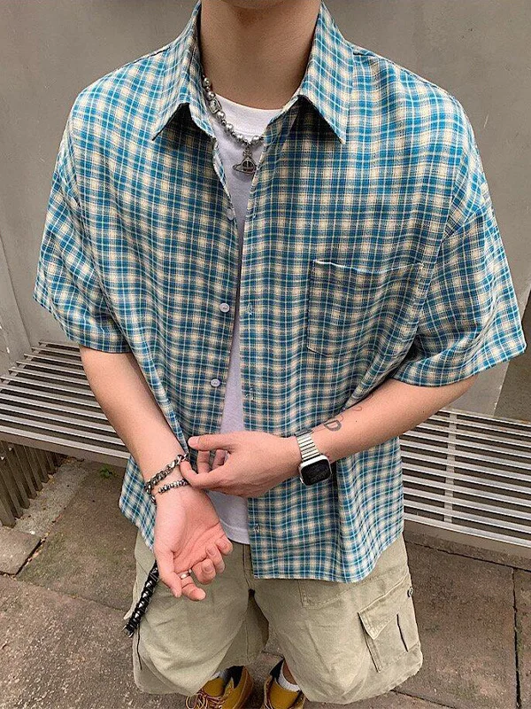 Men's Checkered Short-Sleeve Shirt Breathable Soft Loose-Fitting Versatile Shirt
