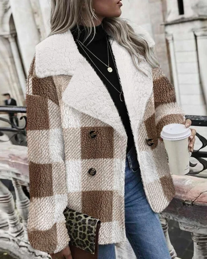 

Plaid Print Double Breasted Teddy Coat