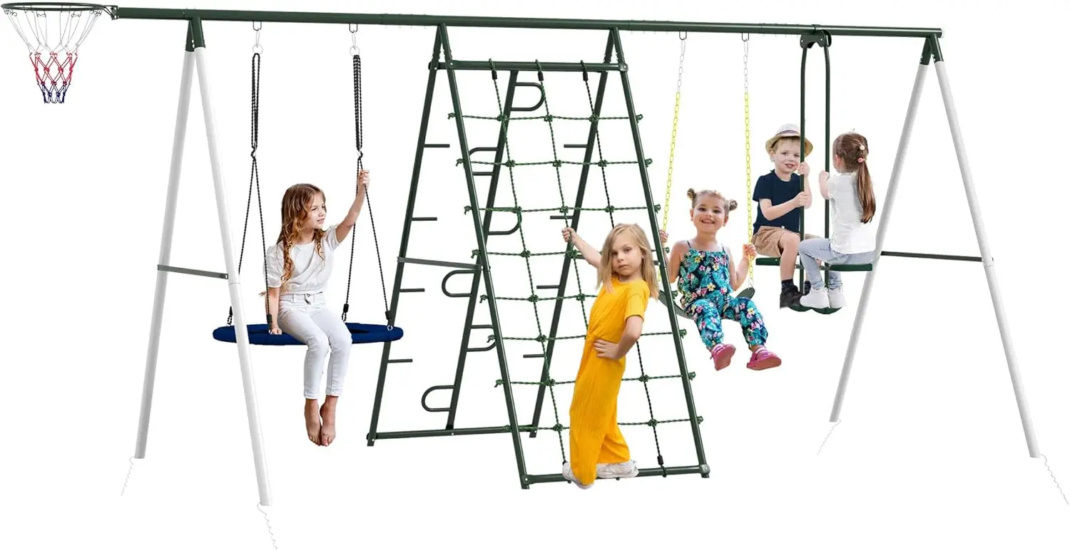 

Outsunny 528 lbs Swing Set for Backyard, 5 in 1 Heavy-Duty A-Frame Stand Outdoor Playset for Kids, with Saucer Swing, Slide,