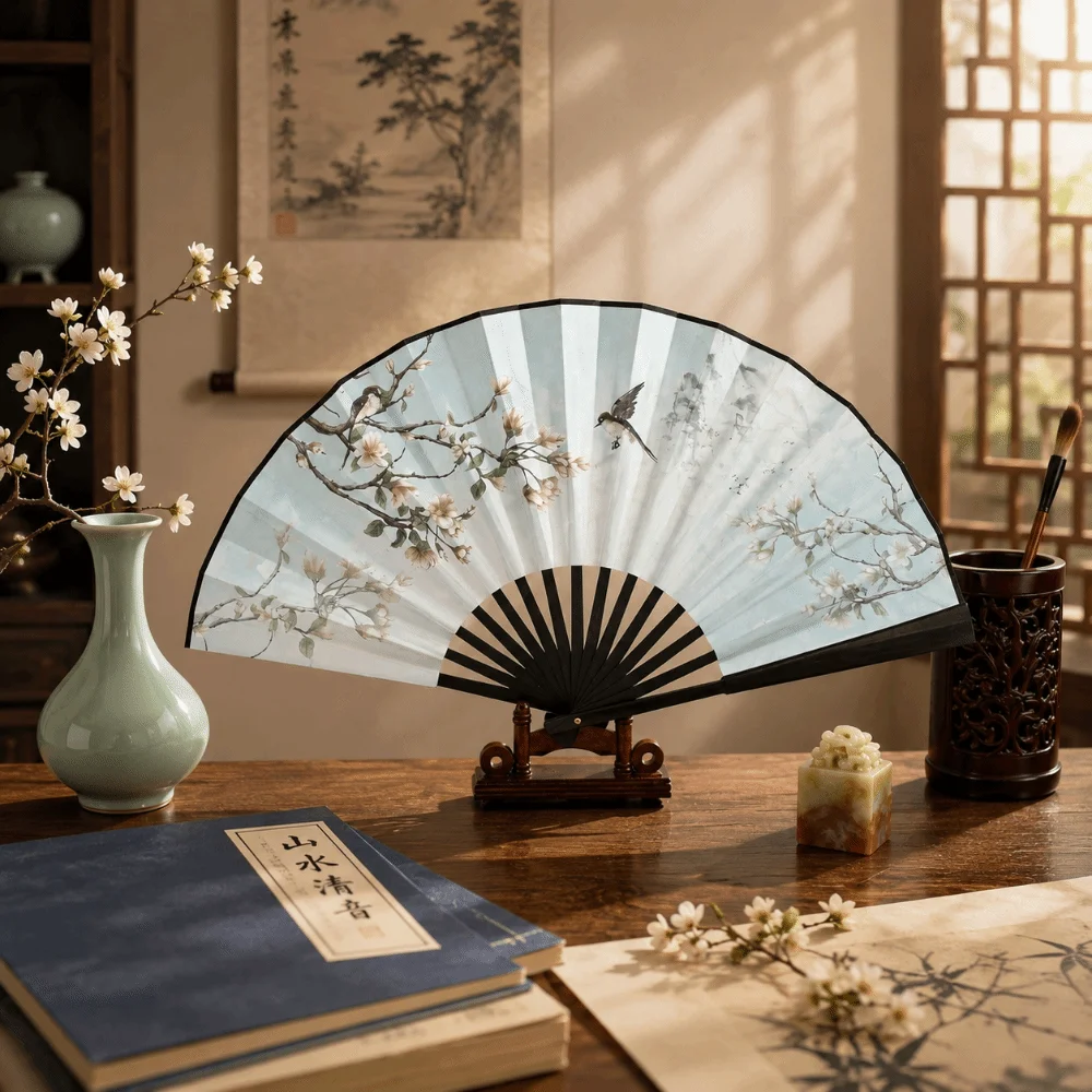 Decoration Collapsible Hand Fan Chinese Style Home Ornaments Dancing Hand Fan Butterfly Bird Cloth Bamboo Fan Men's performance