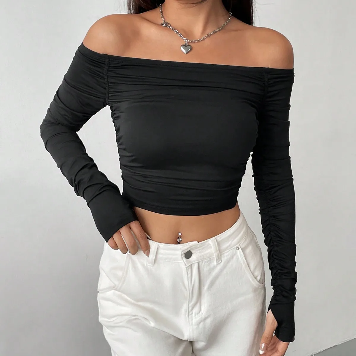 New line shoulder mesh long sleeve T-shirt women with slim-fit hottie sexy explosion street wear short top image 6