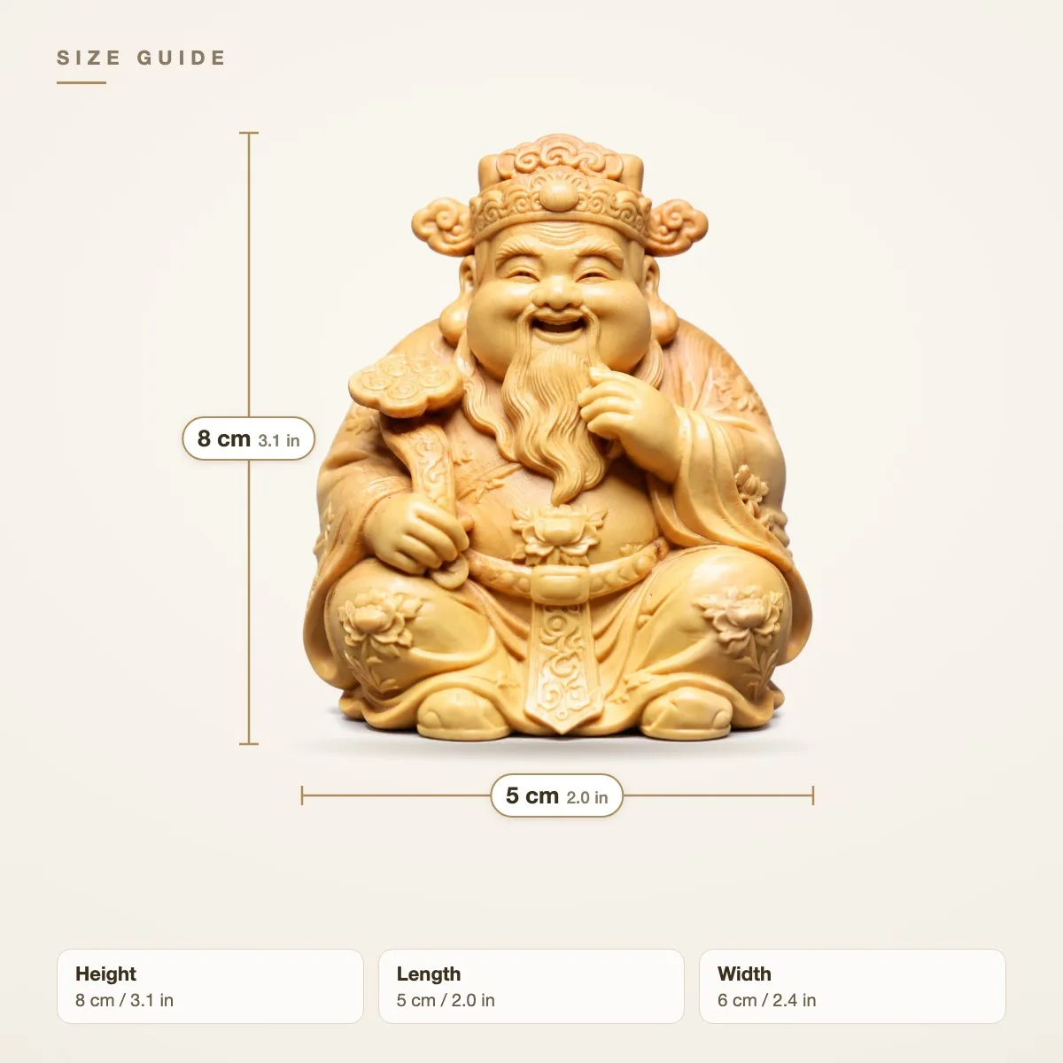 Wood Carved Chinese God of Wealth Figurine Feng Shui Traditional Cute Chibi Lucky Home Office Desk Tabletop Car Decor Gift