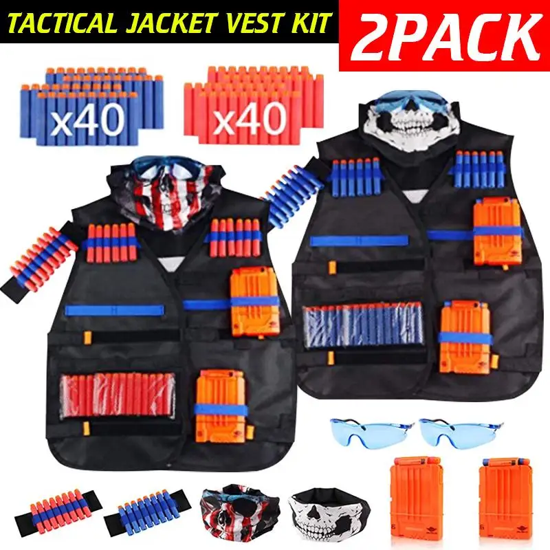 2 Packs Children Kids Tactical Vest Jacket Waistcoat Suit Kit Holder Pistol Bullets Toy Clip Darts for Outdoor Games Toys