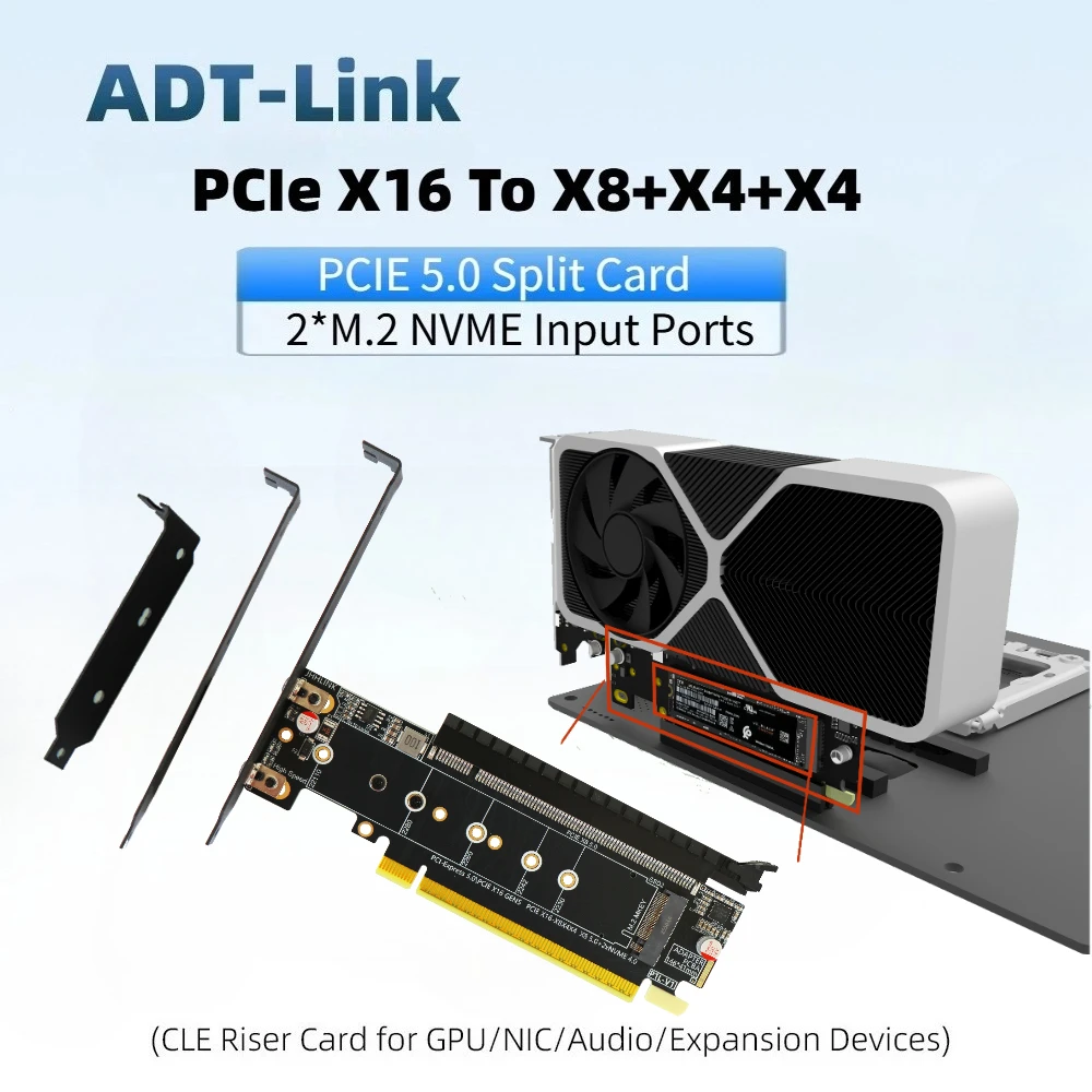 PCIe 5.0 X16 To X8+X4+X4 Expansion NVMe SSD Riser Card Extended Card PCIE 5.0 Adapter Expansion Card 2230 M.2 NVMEx2 Input Ports