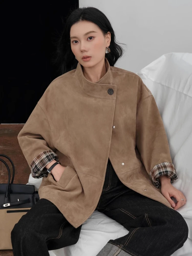 Mid-length Genuine Leather Suede Jackets for Women Spring Autumn High-end Vintage Simple Stand Collar Real Sheepskin Trench Coat
