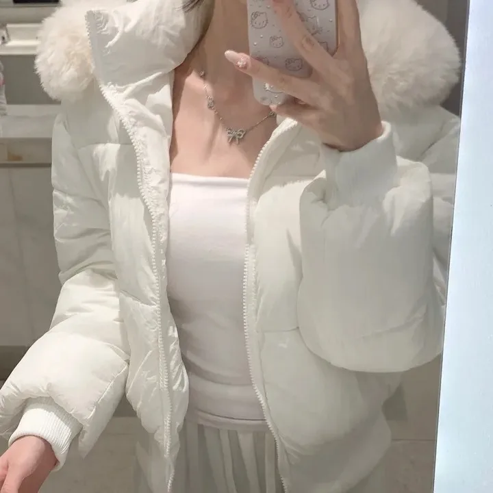 Women's Chic Winter Cotton Jaet Thiened Hooded Zipper Closure Fur Collar Splicing Waist in And out Matching ort Top