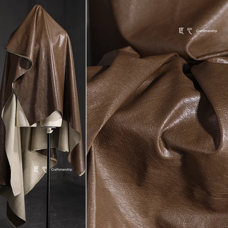 Dark Brown Leather Fabric Cowhide Texture Retro Creative Clothing Designer Cloth Apparel Sewing Fabric PU Rayon Material