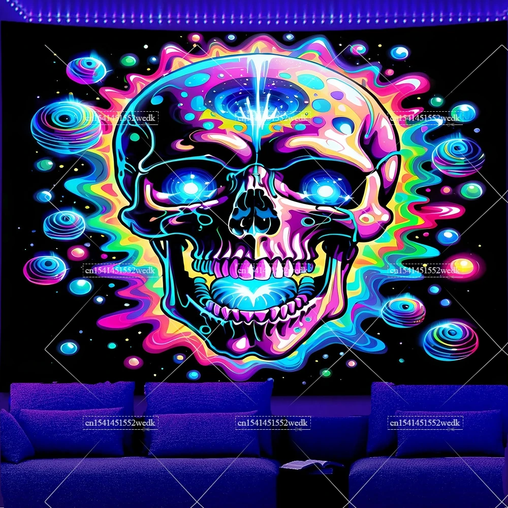 Skull Blacklight Galaxy Tapestry UV Reactive Halloween Skeleton Black Light Tapestrys Glow In The Dark Aesthetic Neon Backdrops