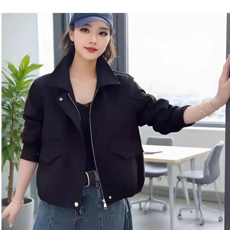 Korean Short Jacket Women Loose Windbreaker Coat Female Spring Autumn New Leisure Tooling Lapel Trench Overwear Lady Casual Tops