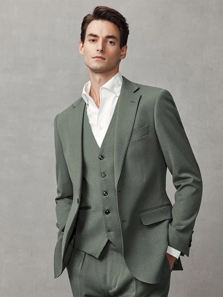 6%Wool 5% Linen Luxury Green Men Suits Set Blazer Vest Pant Wedding Groom Fashion Wear Businessman Daily Clothing Christmas Coat