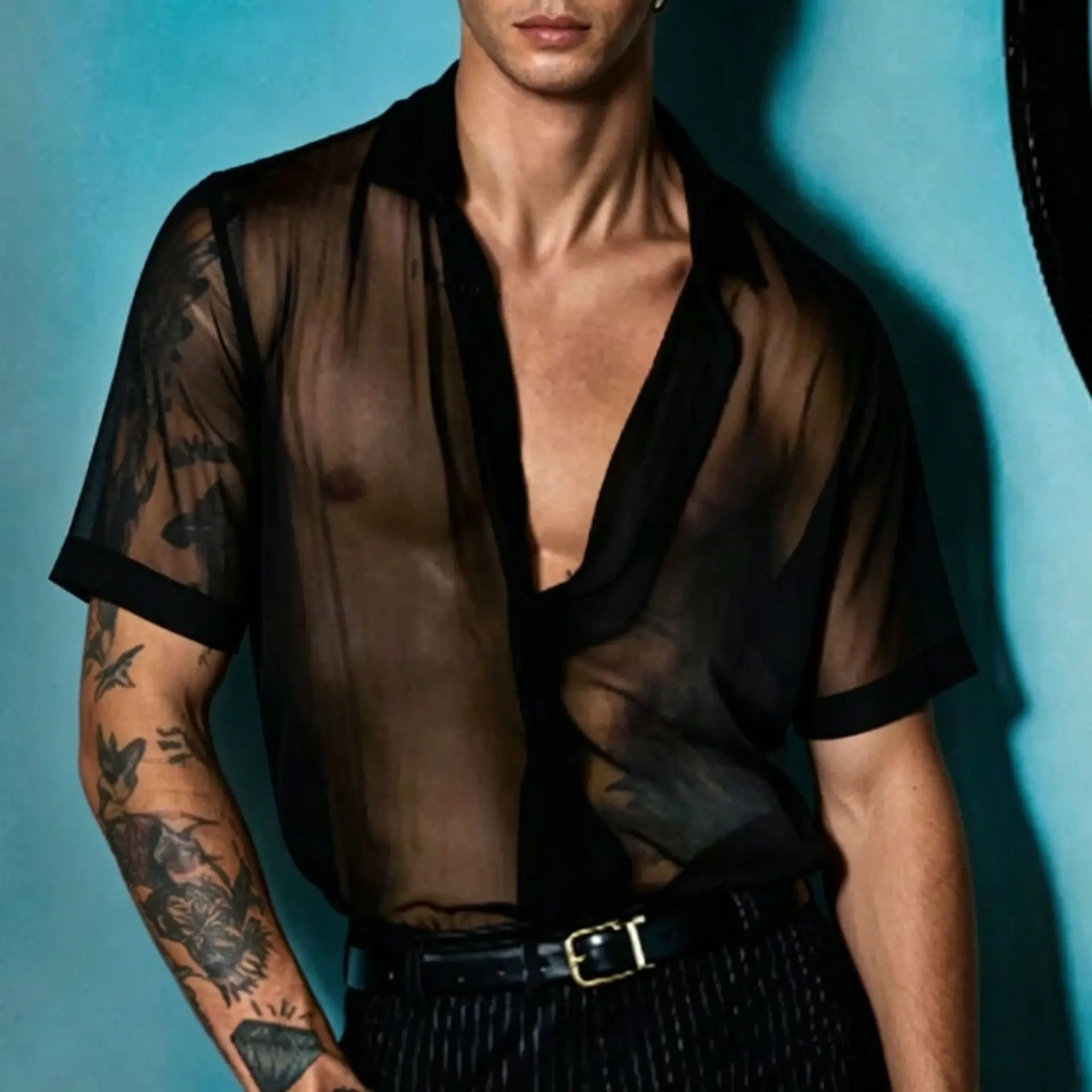 Summer Men's Short Sleeved Mesh Shirt European and American Casual Fashion Sexy Stage Performance Male Black See Through Shirts