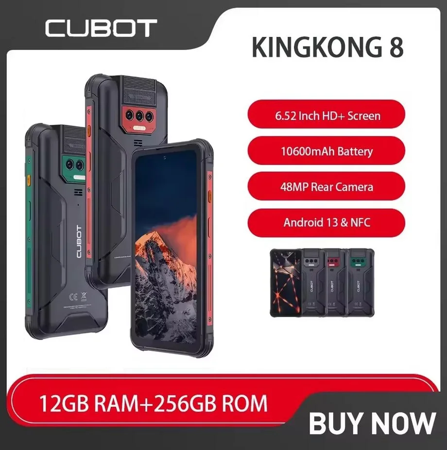 Cubot KingKong 8, 4G 견고한 스마트폰, 안드로이드 13, 6.52 인치 FHD 옥타코어, 12GB + 256GB 48MP 카메라, 10600mAh NFC 휴대폰