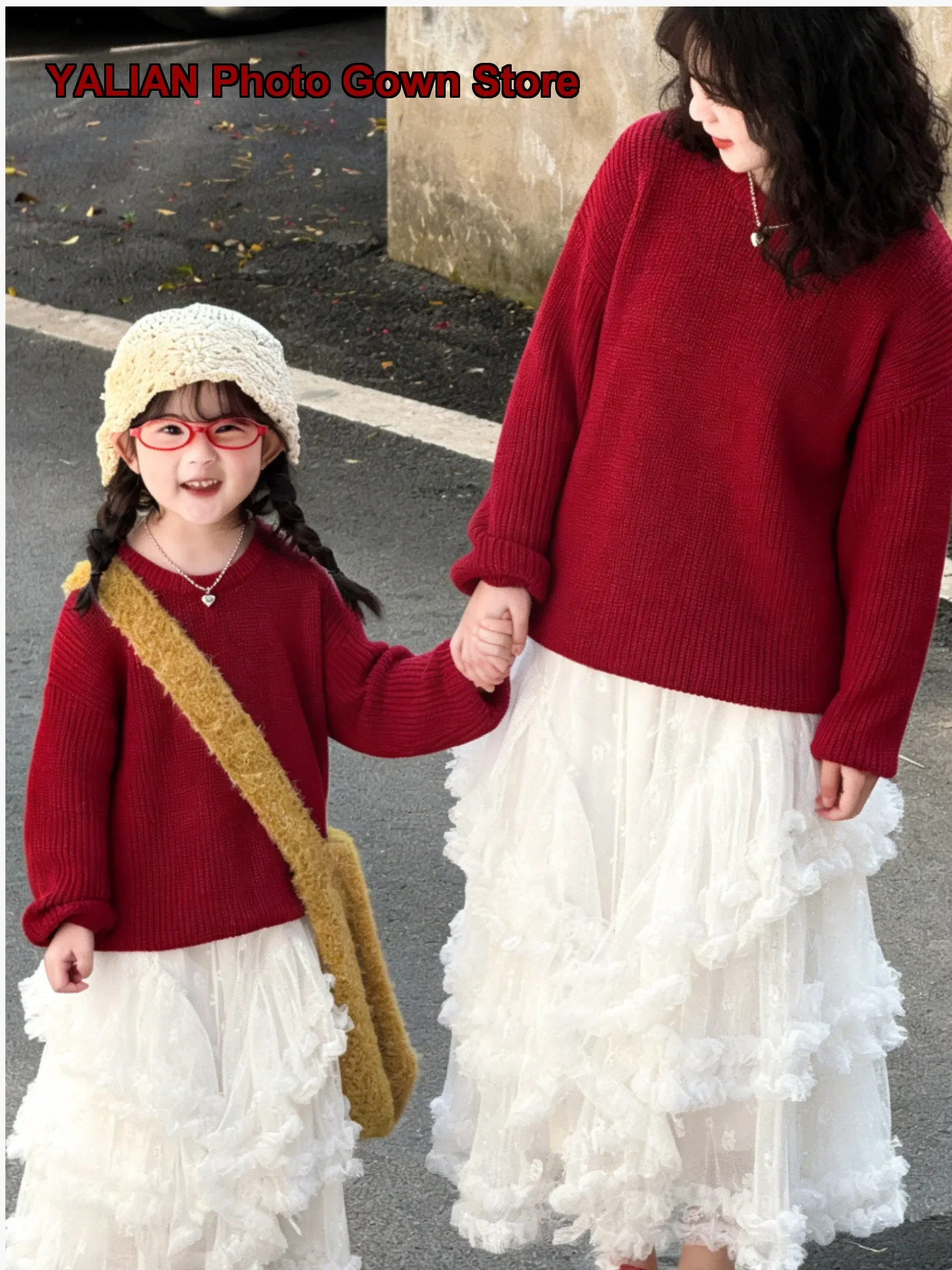 Mother Daughter Two-Piece Set Adults Kids French Style Knit Set Solid Color Warm Casual Matching Outfit Older Kids