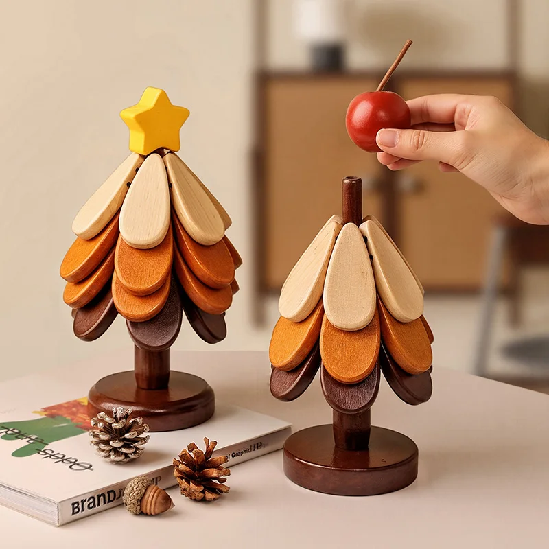 Wooden Tree Trivet Stand, Foldable Heatproof Coaster Set for Dishes/Cups, Natural Wood Table Decor with Storage Base
