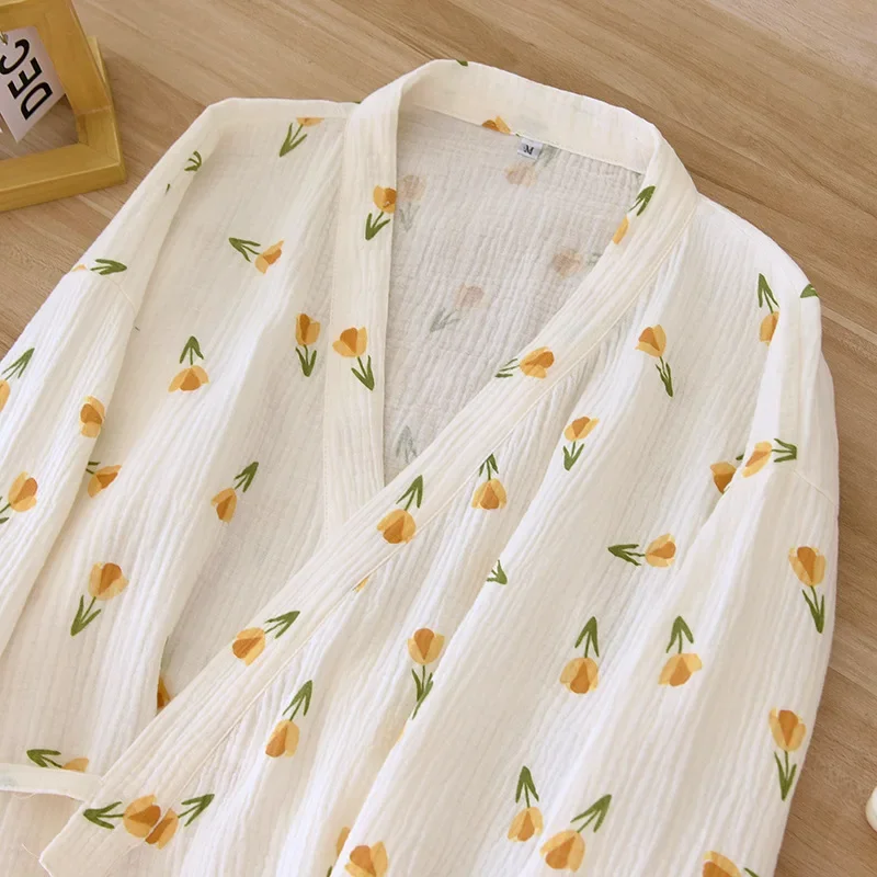 2024 Japanese Kimono Spring and Autumn New Women's Sleeping Robe Bathrobe All Cotton Long Cute Comfortable Home Furnishings