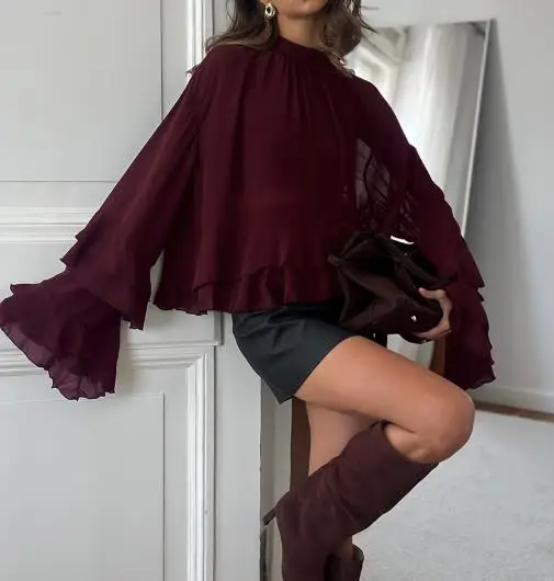 

2025 Spring/summer Fashion New Women Hot Selling Style Elegant Brown Chiffon Small Stand Up Collar Ruffle Flared Sleeve Shirt