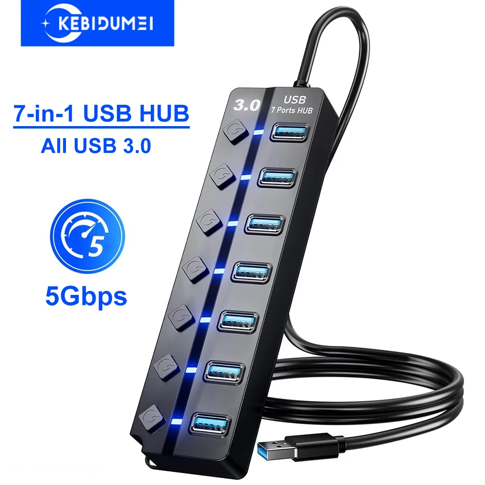 

7-портовый USB-концентратор ALL USB 3.0 с переключателем включения/выключения, 5 Гбит/с, высокоскоростная передача данных, USB-док-станция для ПК, ноутбука Macbook Pro