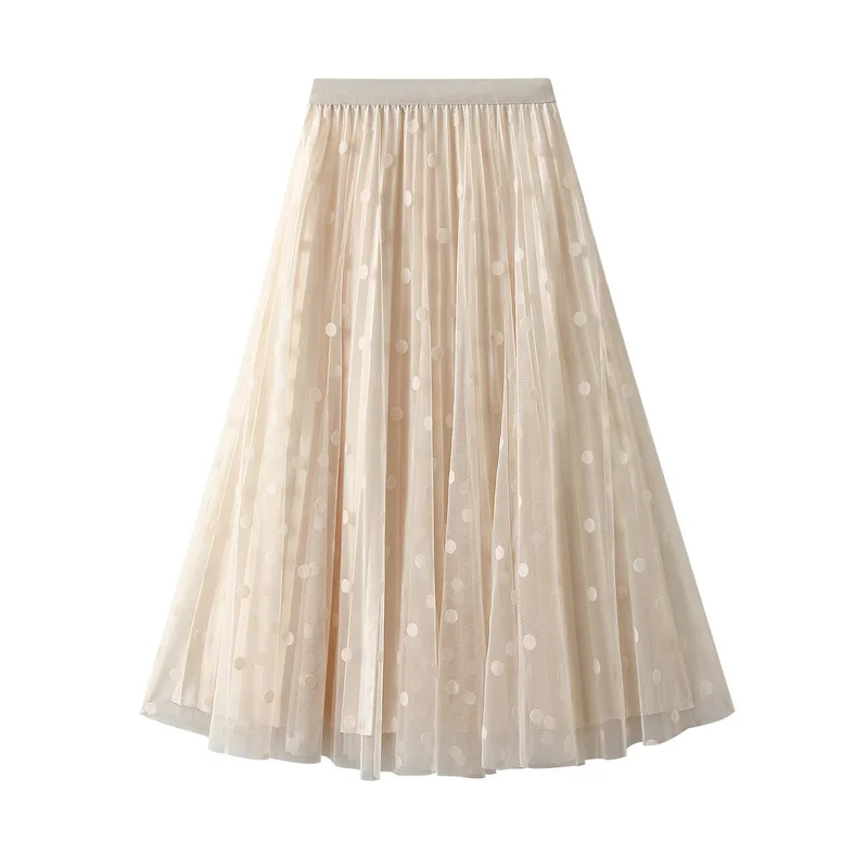 Simple Dot Mesh Skirt Women's Spring Summer New High Waist Drooping Double-Sided Pleated Big Hem A- Line Skirt Female