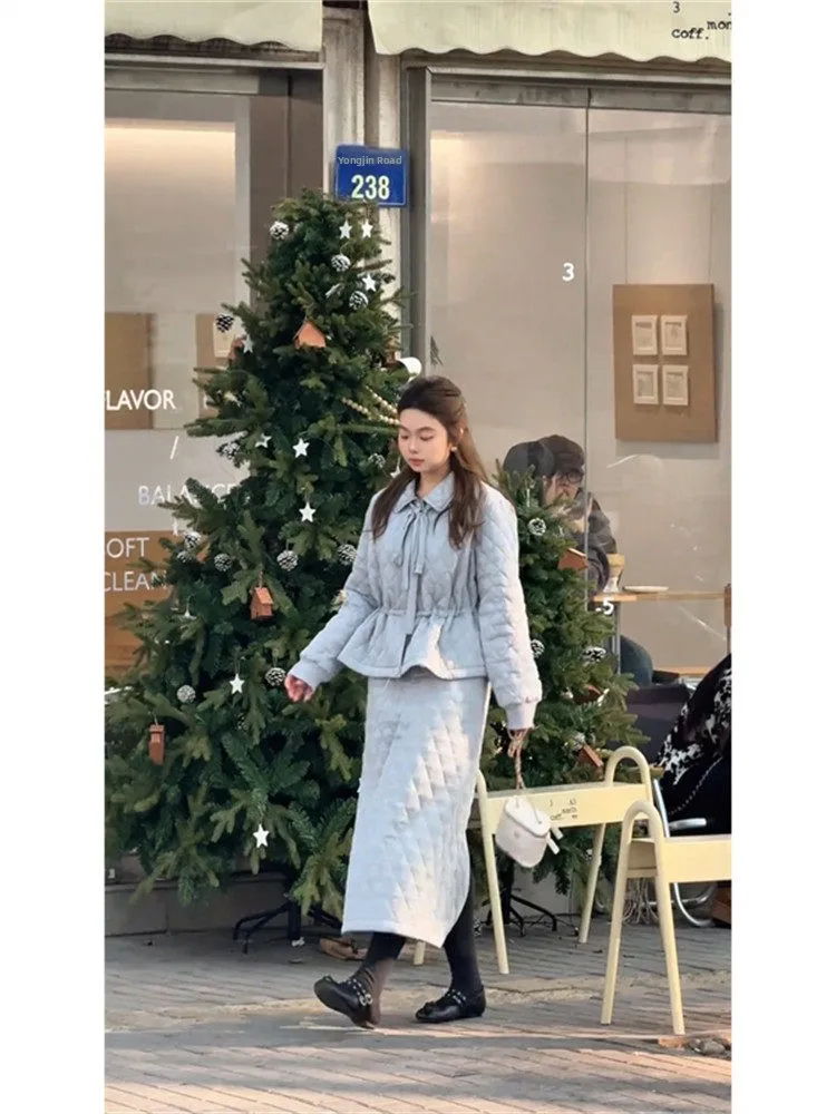 

Faionable Korean Sle Women's Cotton Jaet And Skirt Set Slim Fit Turn-down Collar High Waist Winter New Arrival