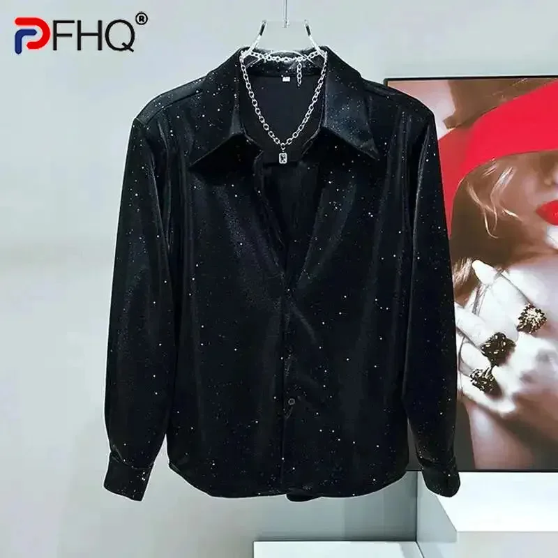 PFHQ جديد قميص رجالي فضفاض الكورية موضة المرصعة بالنجوم الترتر بأكمام طويلة 2025 بدوره إلى أسفل طوق الذكور بلايز موضة جديدة 21E2066 #1