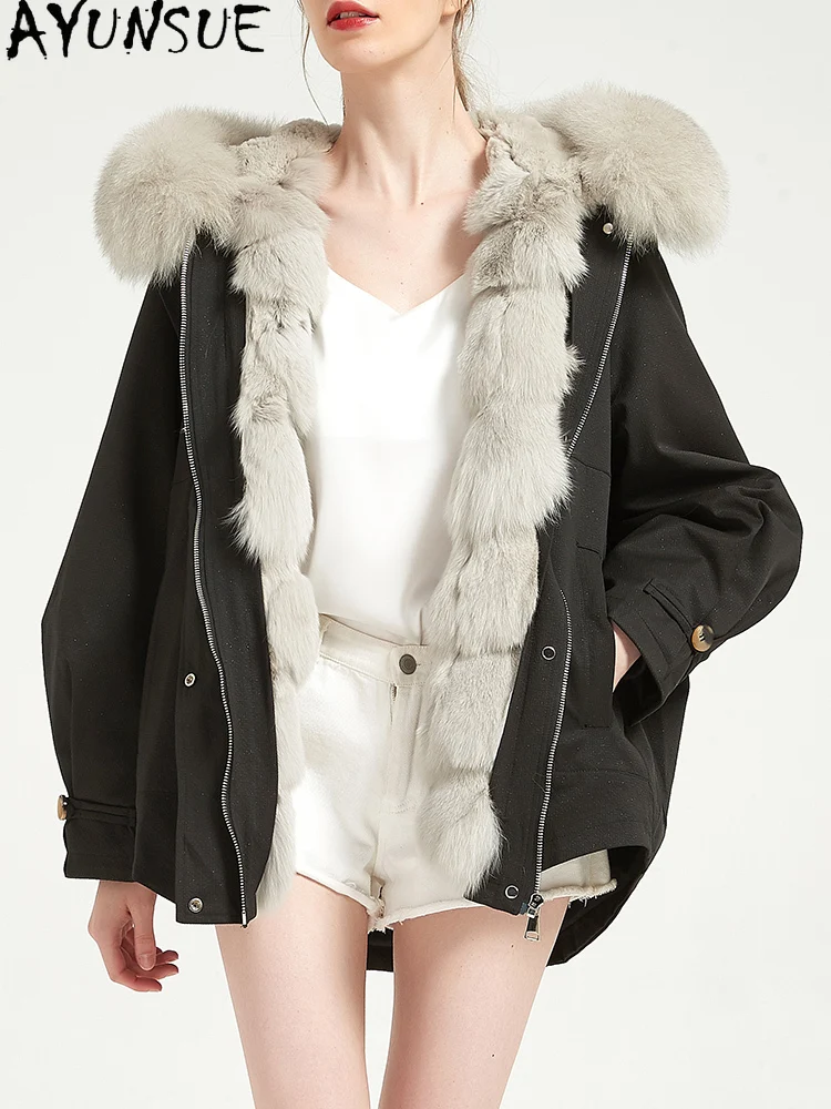 AYUNSUE Rex-Kaninchen-Pelzmantel für Damen, 2025, Echtpelz-Parka, Winterkleidung, warmer Fuchspelzkragen, Hoodies, Damenmäntel, Jegavera