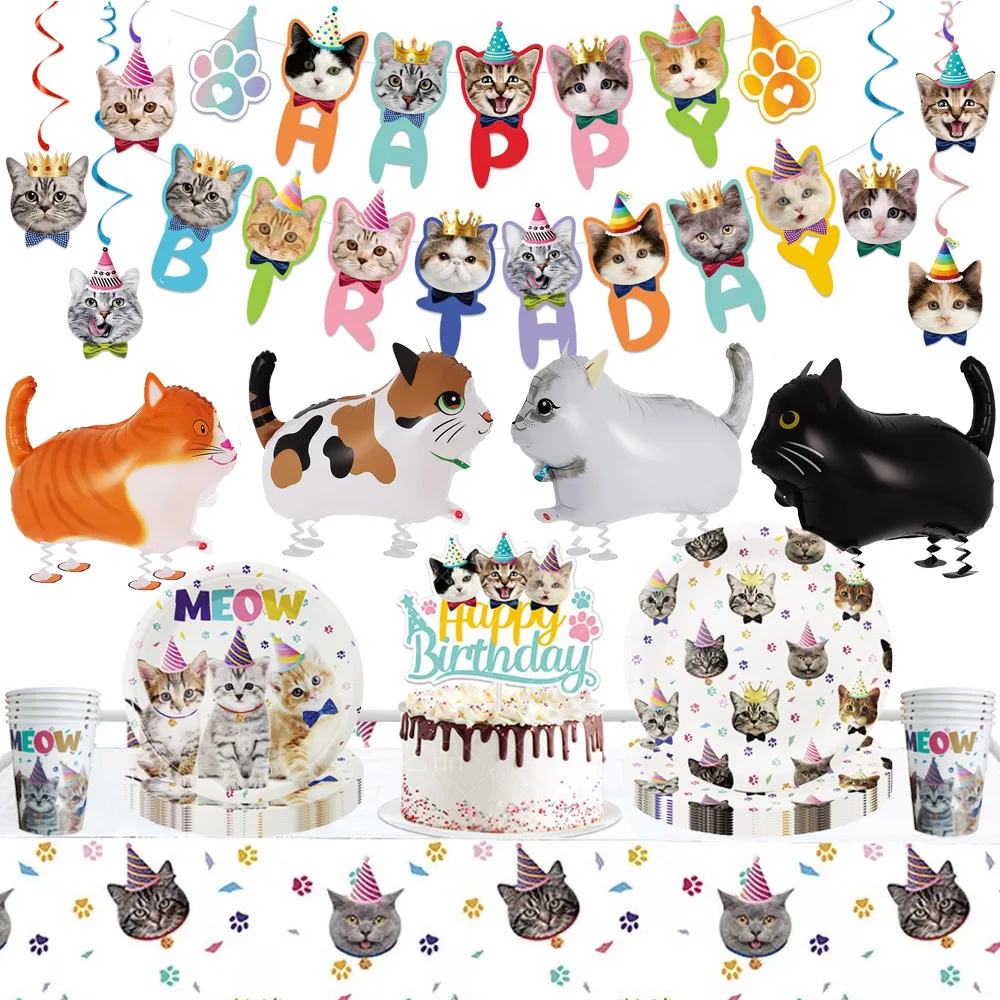 Dekoracja z motywem kota Pet Party Supplie dla dzieci Talerz urodzinowy Kubek Serwetka Obrus Ciasto Topper Baner Girlanda Kot Balon foliowy