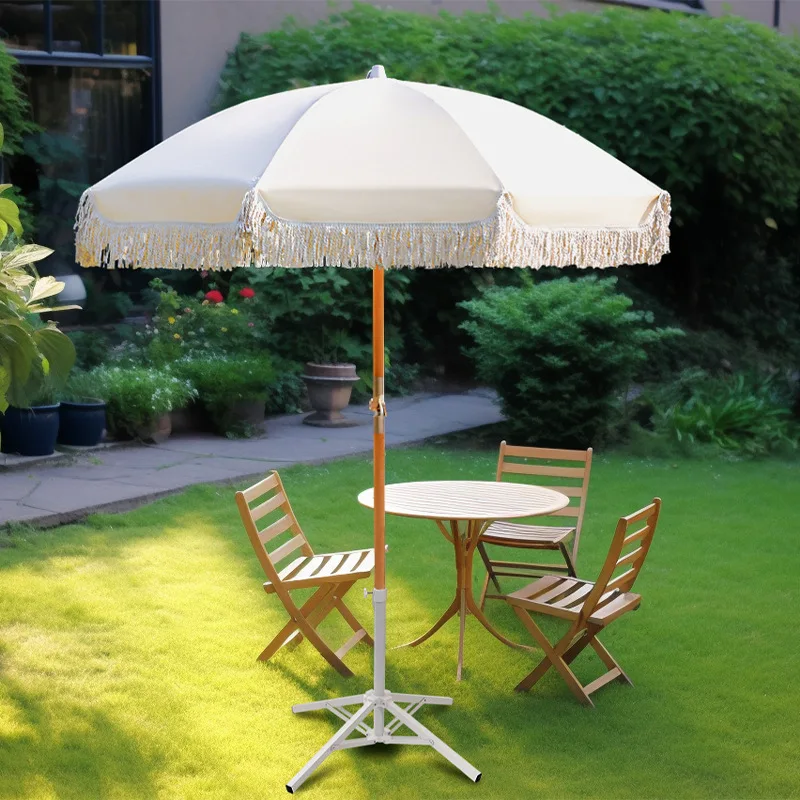Multi Style Manual Straight Garden Beach Parasol Umbrella With Tassels Long Wood Handle Wind Reinforcement UV Protection