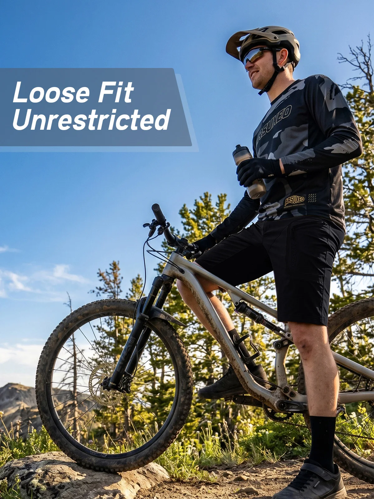 ARSUXEO Men's Mountain Bike Shorts Loose-Fit Cycling Shorts 4 Zippered Pockets Lightweight Outer Shell for Hiking Outdoor