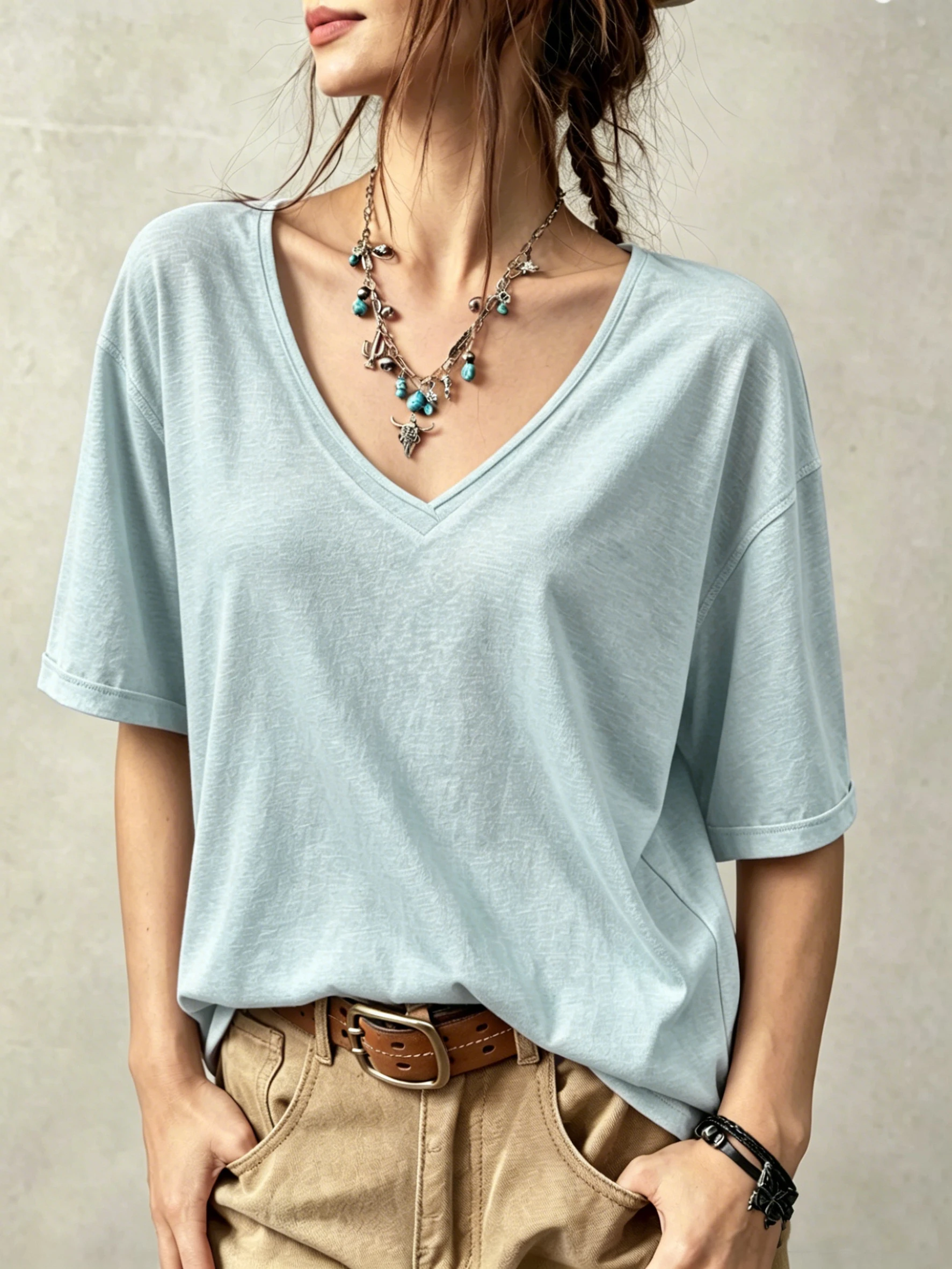 Korean Style Solid Color Soft Women T Shirt Casual Loose T-Shirt Y2K Cotton Summer Top Sports V-Neck Breathable Short Sleeve
