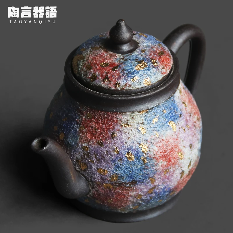 Colorful ore pottery clay positive handle teapot hand-painted gold spot effect personalized small tea brewing single pot