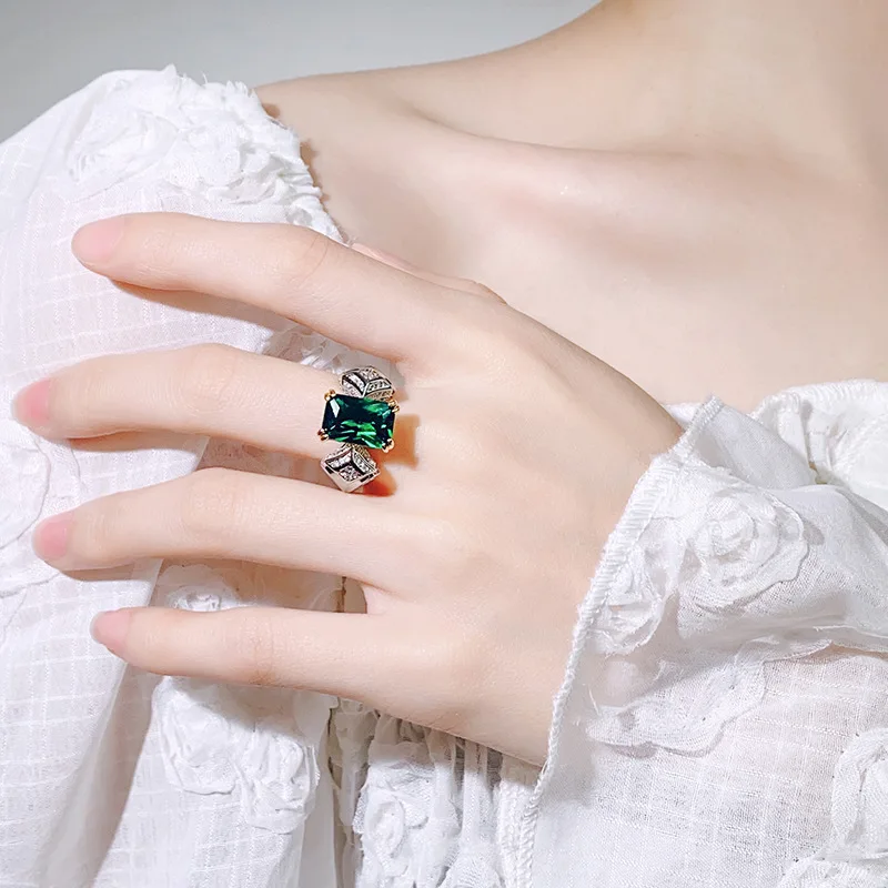 Rectangle Cut Cubic Zirconia Women Ring Two Tone Plated Textured Pave Side Band Luxury Daily Finger Jewelry