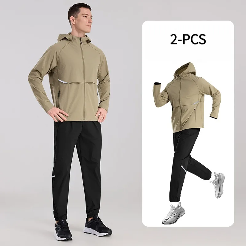 Men's 2-Piece Running Workout Set with Hood Quick Dry Top And Long Pants Breathable Sweat Absorbent Fitness Sports Jacket