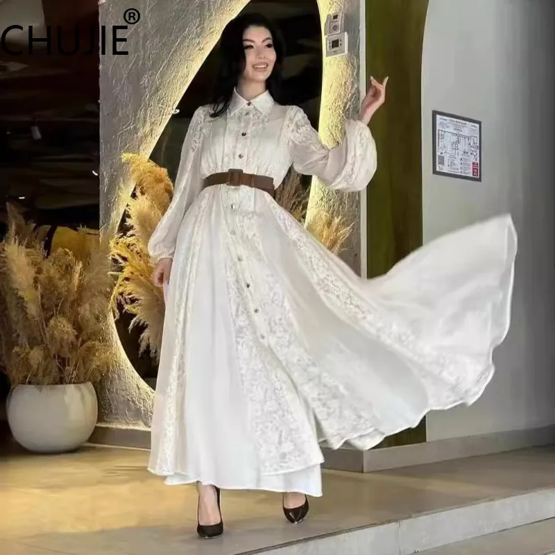 

CHUJIE Women's Dress Commuter Casual Collar Long Sleeve Hollow Lace Embroidery High Waist Slimming Dress 2025 Spring/Summer New