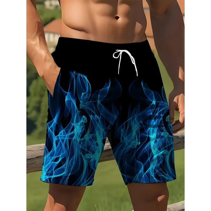 2026 Men Blue Flame Print Shorts Micro Elastic Knitted Smooth Ultra Light 150g Quick Dry Summer Casual Pants No Feeling Wear