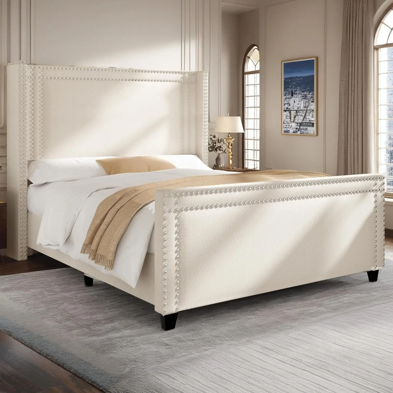 Jocisland King Size Bed Frame, Chenille Upholstered Platform Bed with Wingback Headboard & Footboard, Nailhead Trim, No Box Spri