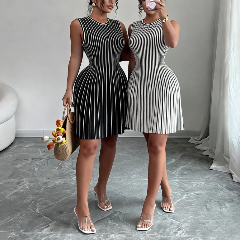 Women's Black Striped Sleeveless Crew Neck Elastic Sundress Ribbed Knit A-Line Mini Dress Casual Summer Party Vacation Dress