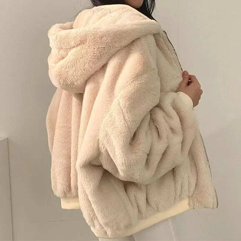 Xpqbb Autumn Winter Thicken Jackets Women Casual Loose Zipper Warm Fleece Hooded Parkas Female Double-Layer Simple Plush Coats
